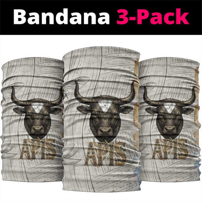 Apis Ancient Egyptian Neck Gaiter with Beige-Gray Hieroglyphic, Ornate Bull Head, and Gold-Blue Typography - African Pride