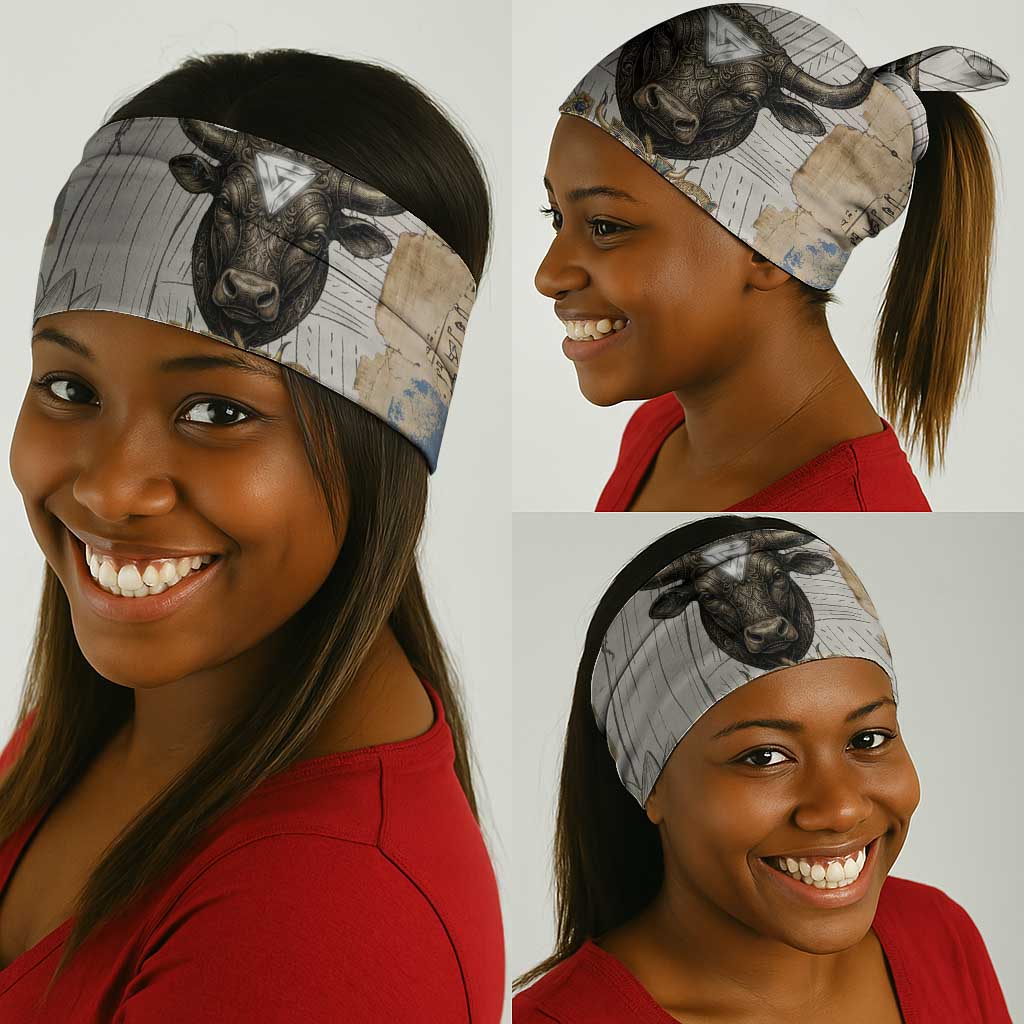 Apis Ancient Egyptian Neck Gaiter with Beige-Gray Hieroglyphic, Ornate Bull Head, and Gold-Blue Typography - African Pride