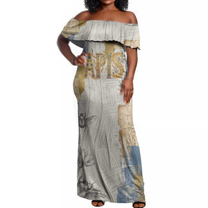 Apis Ancient Egyptian Off Shoulder Maxi Dress with Beige-Gray Hieroglyphic, Ornate Bull Head, and Gold-Blue Typography - African Pride