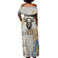 Apis Ancient Egyptian Off Shoulder Maxi Dress with Beige-Gray Hieroglyphic, Ornate Bull Head, and Gold-Blue Typography - African Pride