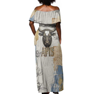 Apis Ancient Egyptian Off Shoulder Maxi Dress with Beige-Gray Hieroglyphic, Ornate Bull Head, and Gold-Blue Typography - African Pride