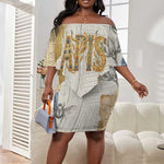 Apis Ancient Egyptian Off Shoulder Short Dress with Beige-Gray Hieroglyphic, Ornate Bull Head, and Gold-Blue Typography - African Pride