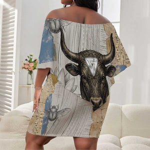 Apis Ancient Egyptian Off Shoulder Short Dress with Beige-Gray Hieroglyphic, Ornate Bull Head, and Gold-Blue Typography - African Pride