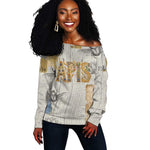 Apis Ancient Egyptian Off Shoulder Sweater with Beige-Gray Hieroglyphic, Ornate Bull Head, and Gold-Blue Typography - African Pride