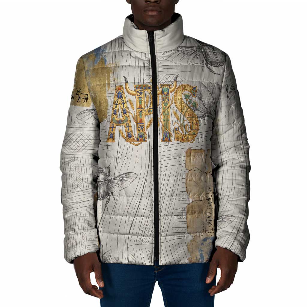 Apis Ancient Egyptian Padded Jacket with Beige-Gray Hieroglyphic, Ornate Bull Head, and Gold-Blue Typography - African Pride