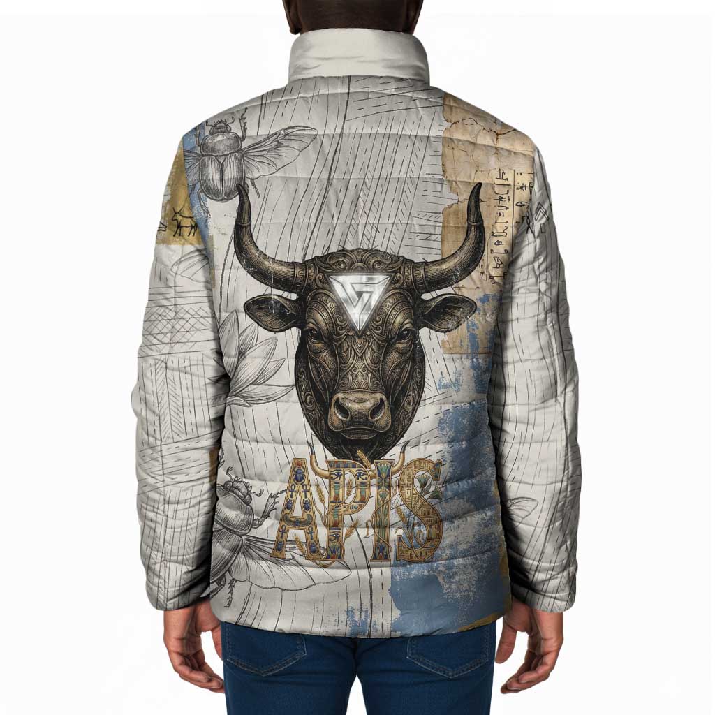 Apis Ancient Egyptian Padded Jacket with Beige-Gray Hieroglyphic, Ornate Bull Head, and Gold-Blue Typography - African Pride