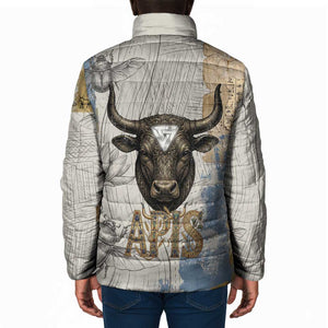 Apis Ancient Egyptian Padded Jacket with Beige-Gray Hieroglyphic, Ornate Bull Head, and Gold-Blue Typography - African Pride