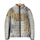 Apis Ancient Egyptian Padded Jacket with Beige-Gray Hieroglyphic, Ornate Bull Head, and Gold-Blue Typography - African Pride