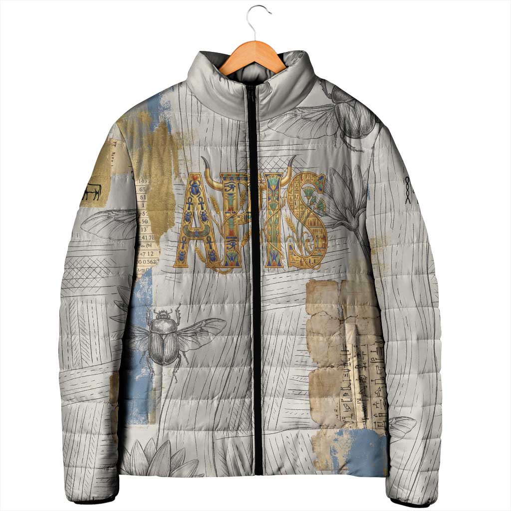 Apis Ancient Egyptian Padded Jacket with Beige-Gray Hieroglyphic, Ornate Bull Head, and Gold-Blue Typography - African Pride