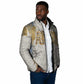 Apis Ancient Egyptian Padded Jacket with Beige-Gray Hieroglyphic, Ornate Bull Head, and Gold-Blue Typography - African Pride