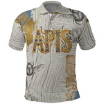 Apis Ancient Egyptian Polo Shirt with Beige-Gray Hieroglyphic, Ornate Bull Head, and Gold-Blue Typography - African Pride