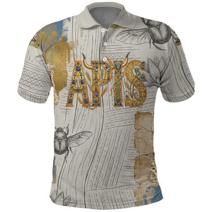 Apis Ancient Egyptian Polo Shirt with Beige-Gray Hieroglyphic, Ornate Bull Head, and Gold-Blue Typography - African Pride