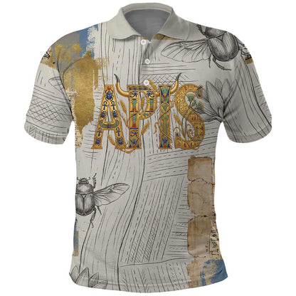 Apis Ancient Egyptian Polo Shirt with Beige-Gray Hieroglyphic, Ornate Bull Head, and Gold-Blue Typography - African Pride