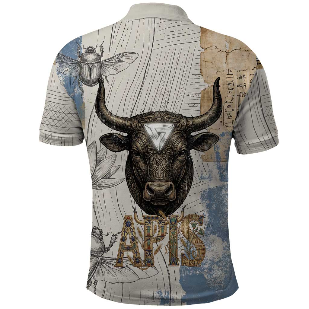 Apis Ancient Egyptian Polo Shirt with Beige-Gray Hieroglyphic, Ornate Bull Head, and Gold-Blue Typography - African Pride