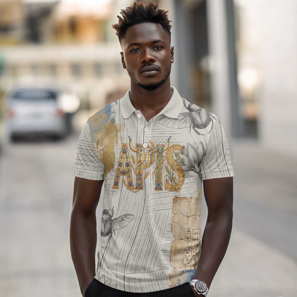 Apis Ancient Egyptian Polo Shirt with Beige-Gray Hieroglyphic, Ornate Bull Head, and Gold-Blue Typography - African Pride