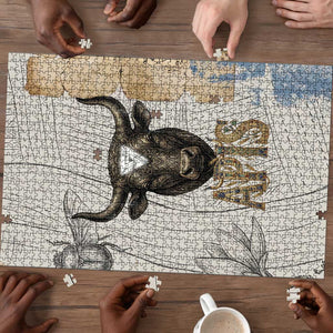 Apis Ancient Egyptian Puzzle with Beige-Gray Hieroglyphic, Ornate Bull Head, and Gold-Blue Typography - African Pride