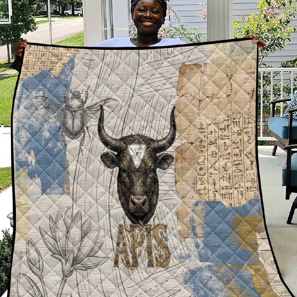 Apis Ancient Egyptian Quilt with Beige-Gray Hieroglyphic, Ornate Bull Head, and Gold-Blue Typography - African Pride
