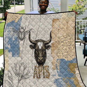 Apis Ancient Egyptian Quilt with Beige-Gray Hieroglyphic, Ornate Bull Head, and Gold-Blue Typography - African Pride