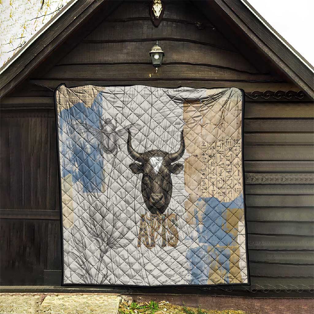 Apis Ancient Egyptian Quilt with Beige-Gray Hieroglyphic, Ornate Bull Head, and Gold-Blue Typography - African Pride