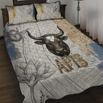 Apis Ancient Egyptian Quilt Bed Set with Beige-Gray Hieroglyphic, Ornate Bull Head, and Gold-Blue Typography - African Pride