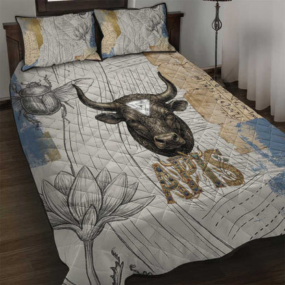 Apis Ancient Egyptian Quilt Bed Set with Beige-Gray Hieroglyphic, Ornate Bull Head, and Gold-Blue Typography - African Pride
