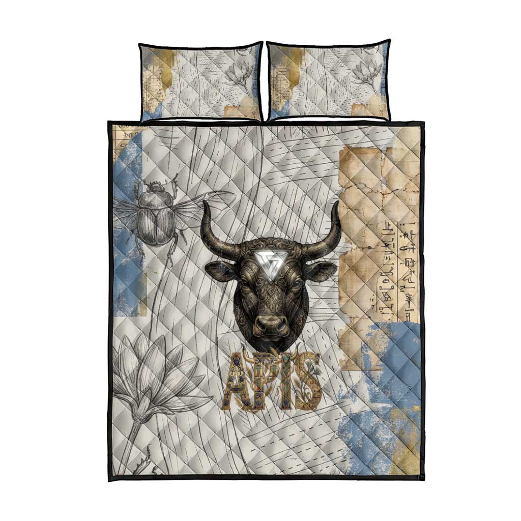Apis Ancient Egyptian Quilt Bed Set with Beige-Gray Hieroglyphic, Ornate Bull Head, and Gold-Blue Typography - African Pride