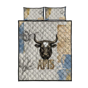 Apis Ancient Egyptian Quilt Bed Set with Beige-Gray Hieroglyphic, Ornate Bull Head, and Gold-Blue Typography - African Pride