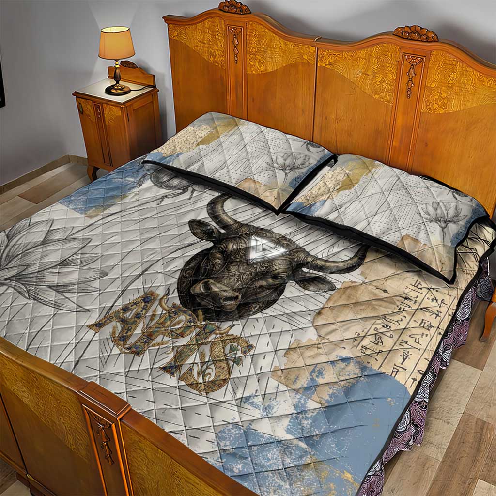 Apis Ancient Egyptian Quilt Bed Set with Beige-Gray Hieroglyphic, Ornate Bull Head, and Gold-Blue Typography - African Pride