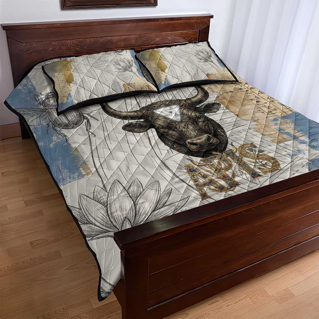 Apis Ancient Egyptian Quilt Bed Set with Beige-Gray Hieroglyphic, Ornate Bull Head, and Gold-Blue Typography - African Pride