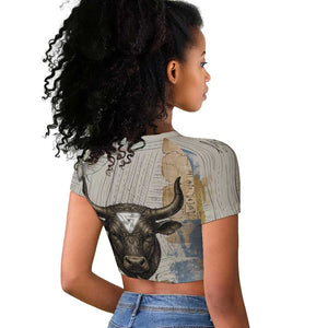 Apis Ancient Egyptian Raglan Cropped T shirt with Beige-Gray Hieroglyphic, Ornate Bull Head, and Gold-Blue Typography - African Pride