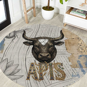 Apis Ancient Egyptian Round Carpet with Beige-Gray Hieroglyphic, Ornate Bull Head, and Gold-Blue Typography - African Pride