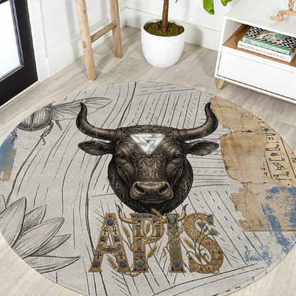 Apis Ancient Egyptian Round Carpet with Beige-Gray Hieroglyphic, Ornate Bull Head, and Gold-Blue Typography - African Pride
