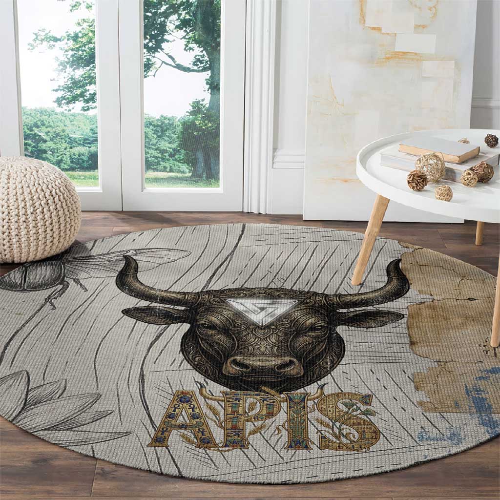 Apis Ancient Egyptian Round Carpet with Beige-Gray Hieroglyphic, Ornate Bull Head, and Gold-Blue Typography - African Pride