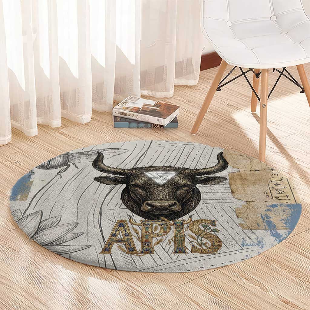 Apis Ancient Egyptian Round Carpet with Beige-Gray Hieroglyphic, Ornate Bull Head, and Gold-Blue Typography - African Pride