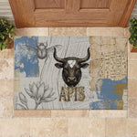 Apis Ancient Egyptian Rubber Doormat with Beige-Gray Hieroglyphic, Ornate Bull Head, and Gold-Blue Typography - African Pride