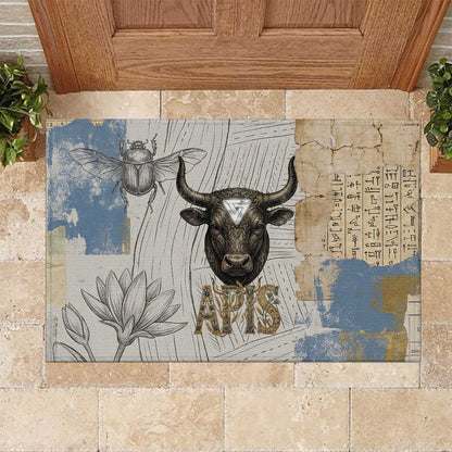 Apis Ancient Egyptian Rubber Doormat with Beige-Gray Hieroglyphic, Ornate Bull Head, and Gold-Blue Typography - African Pride