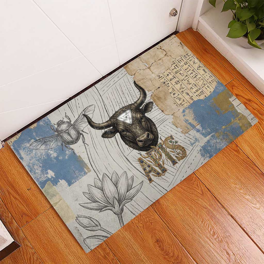 Apis Ancient Egyptian Rubber Doormat with Beige-Gray Hieroglyphic, Ornate Bull Head, and Gold-Blue Typography - African Pride