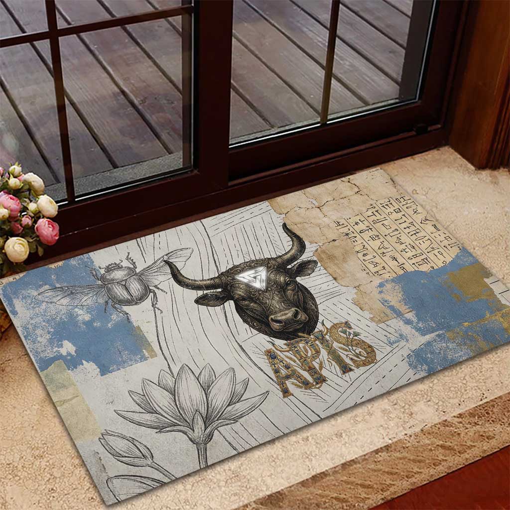 Apis Ancient Egyptian Rubber Doormat with Beige-Gray Hieroglyphic, Ornate Bull Head, and Gold-Blue Typography - African Pride