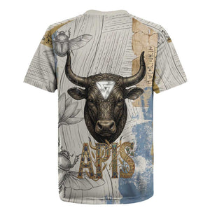 Apis Ancient Egyptian Rugby Jersey with Beige-Gray Hieroglyphic, Ornate Bull Head, and Gold-Blue Typography - African Pride