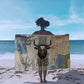 Apis Ancient Egyptian Sarong with Beige-Gray Hieroglyphic, Ornate Bull Head, and Gold-Blue Typography - African Pride
