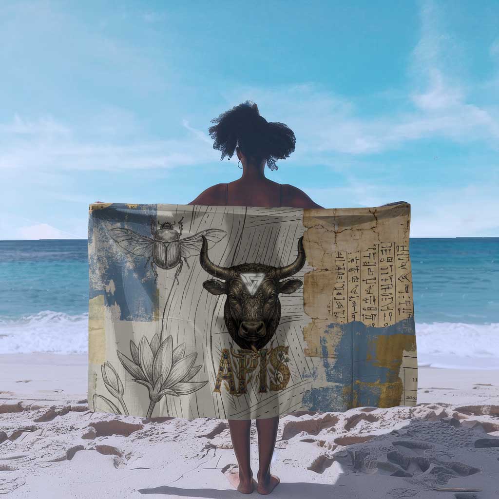 Apis Ancient Egyptian Sarong with Beige-Gray Hieroglyphic, Ornate Bull Head, and Gold-Blue Typography - African Pride