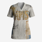 Apis Ancient Egyptian Scrub Top with Beige-Gray Hieroglyphic, Ornate Bull Head, and Gold-Blue Typography - African Pride