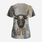 Apis Ancient Egyptian Scrub Top with Beige-Gray Hieroglyphic, Ornate Bull Head, and Gold-Blue Typography - African Pride