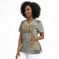 Apis Ancient Egyptian Scrub Top with Beige-Gray Hieroglyphic, Ornate Bull Head, and Gold-Blue Typography - African Pride