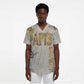Apis Ancient Egyptian Scrub Top with Beige-Gray Hieroglyphic, Ornate Bull Head, and Gold-Blue Typography - African Pride