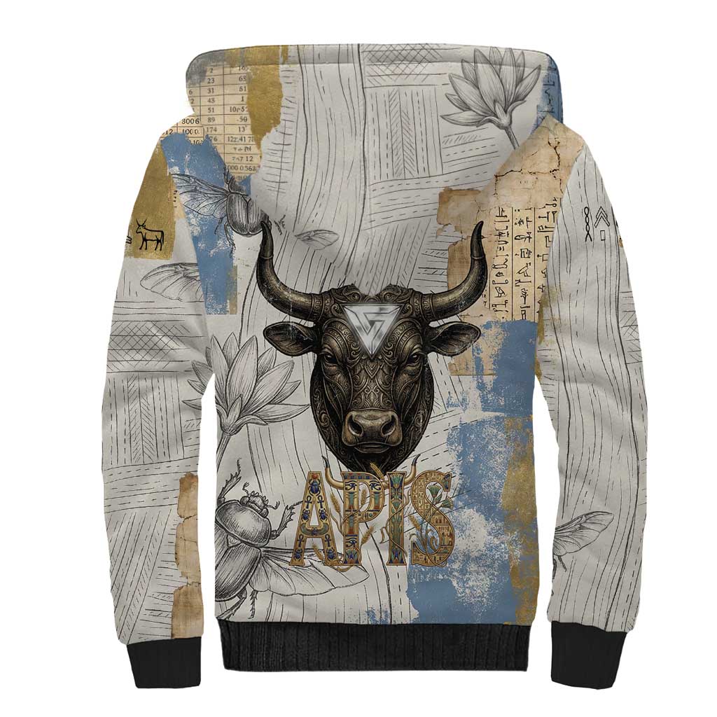 Apis Ancient Egyptian Sherpa Hoodie with Beige-Gray Hieroglyphic, Ornate Bull Head, and Gold-Blue Typography - African Pride