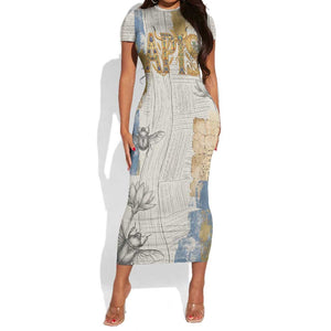 Apis Ancient Egyptian Short Sleeve Bodycon Dress with Beige-Gray Hieroglyphic, Ornate Bull Head, and Gold-Blue Typography - African Pride