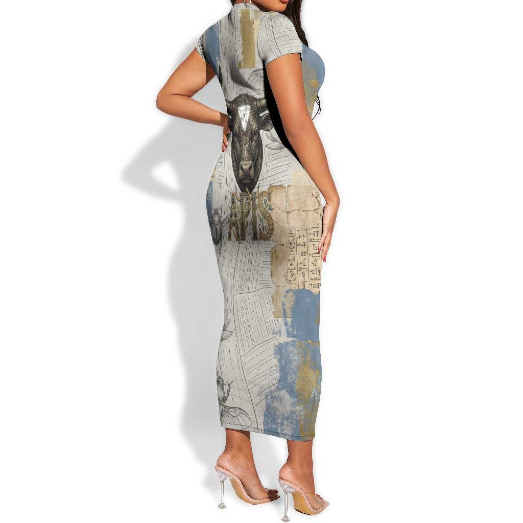 Apis Ancient Egyptian Short Sleeve Bodycon Dress with Beige-Gray Hieroglyphic, Ornate Bull Head, and Gold-Blue Typography - African Pride
