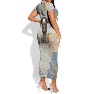 Apis Ancient Egyptian Short Sleeve Bodycon Dress with Beige-Gray Hieroglyphic, Ornate Bull Head, and Gold-Blue Typography - African Pride