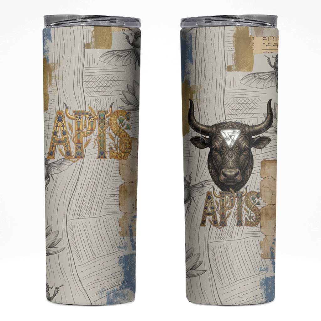 Apis Ancient Egyptian Skinny Tumbler with Beige-Gray Hieroglyphic, Ornate Bull Head, and Gold-Blue Typography - African Pride